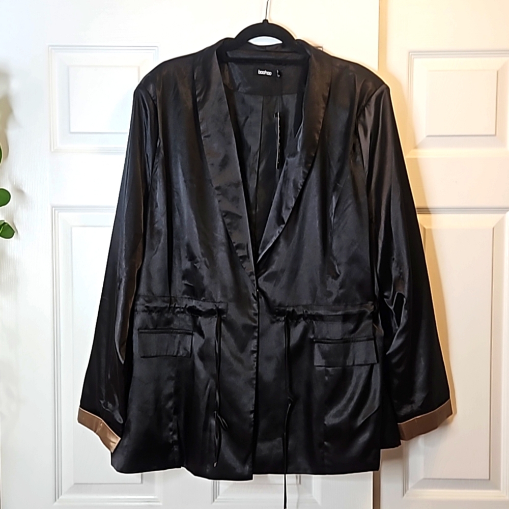 Boohoo Plus Black Satin Blazer with Tan Cuff Detail